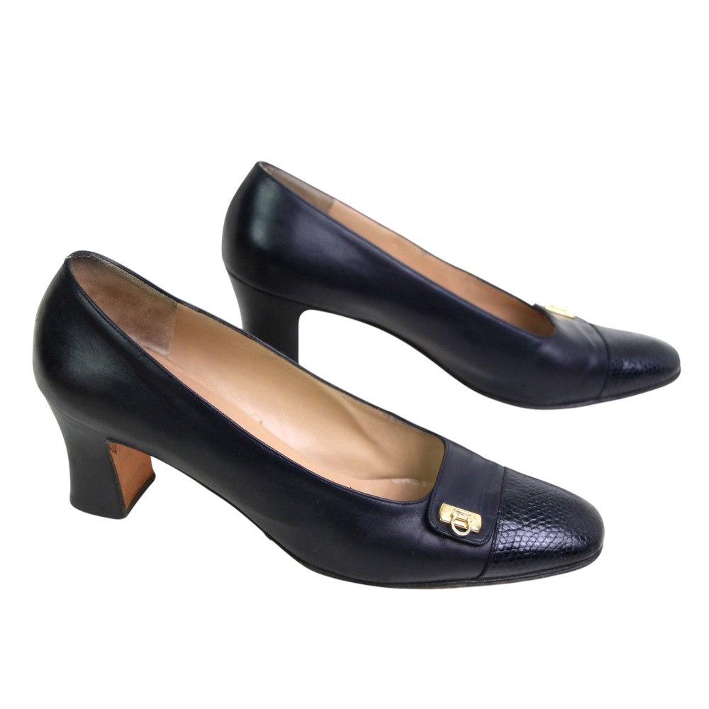 Salvatore Ferragamo ITALY NAVY REAL LEATHER MID HEEL CLASSIC PUMP SHOES 9.5 AA